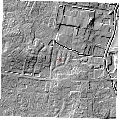 Shaded relief map of the ground around PE273NL, computed from Environment Agency LiDAR. The ground here sits at about 8 m above sea level and falls 7 m across the surrounding 800 m. Surface water reaching this point runs off ground lying to the north-west, 0.8 m higher.