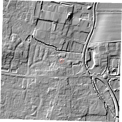 Shaded relief map of the ground around PE273NN, computed from Environment Agency LiDAR. The ground here sits at about 8 m above sea level and falls 7 m across the surrounding 800 m. Surface water reaching this point runs off ground lying to the south-south-west, 3.1 m higher.