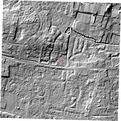Shaded relief map of the ground around PE273NQ, computed from Environment Agency LiDAR. The ground here sits at about 7 m above sea level and falls 7 m across the surrounding 800 m. Surface water reaching this point runs off ground lying to the north-west, 4.1 m higher.