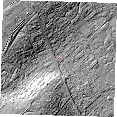 Shaded relief map of the ground around PE273QY, computed from Environment Agency LiDAR. The ground here sits at about 14 m above sea level and falls 17 m across the surrounding 800 m. Surface water reaching this point runs off ground lying to the north-west, 2.2 m higher.