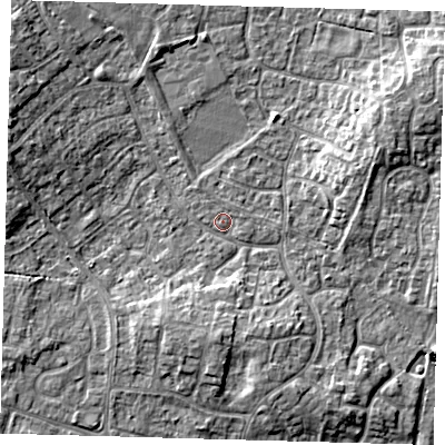 Shaded relief map of the ground around PE273SZ, computed from Environment Agency LiDAR. The ground here sits at about 9 m above sea level and falls 7 m across the surrounding 800 m. Surface water reaching this point runs off ground lying to the west-north-west, 5.5 m higher.