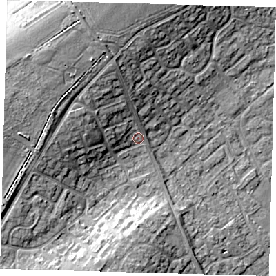 Shaded relief map of the ground around PE273TZ, computed from Environment Agency LiDAR. The ground here sits at about 17 m above sea level and falls 16 m across the surrounding 800 m. Surface water reaching this point runs off ground lying to the west-north-west, 10.7 m higher.