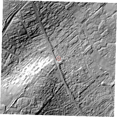 Shaded relief map of the ground around PE273UJ, computed from Environment Agency LiDAR. The ground here sits at about 15 m above sea level and falls 17 m across the surrounding 800 m. Surface water reaching this point runs off ground lying to the west-south-west, 1.6 m higher.