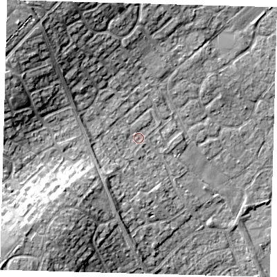Shaded relief map of the ground around PE273UN, computed from Environment Agency LiDAR. The ground here sits at about 13 m above sea level and falls 17 m across the surrounding 800 m. Surface water reaching this point runs off ground lying to the south-west, 11.4 m higher.
