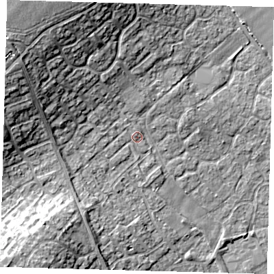 Shaded relief map of the ground around PE273UR, computed from Environment Agency LiDAR. The ground here sits at about 13 m above sea level and falls 16 m across the surrounding 800 m. Surface water reaching this point runs off ground lying to the north-west, 12.8 m higher.