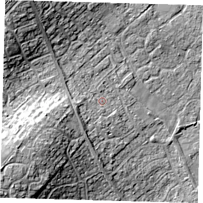 Shaded relief map of the ground around PE273UT, computed from Environment Agency LiDAR. The ground here sits at about 13 m above sea level and falls 16 m across the surrounding 800 m. Surface water reaching this point runs off ground lying to the west, 1.4 m higher.