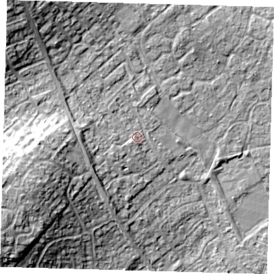 Shaded relief map of the ground around PE273UU, computed from Environment Agency LiDAR. The ground here sits at about 12 m above sea level and falls 15 m across the surrounding 800 m. Surface water reaching this point runs off ground lying to the west-south-west, 11.8 m higher.