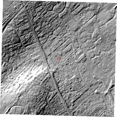 Shaded relief map of the ground around PE273UW, computed from Environment Agency LiDAR. The ground here sits at about 13 m above sea level and falls 17 m across the surrounding 800 m. Surface water reaching this point runs off ground lying to the north-west, 12.8 m higher.