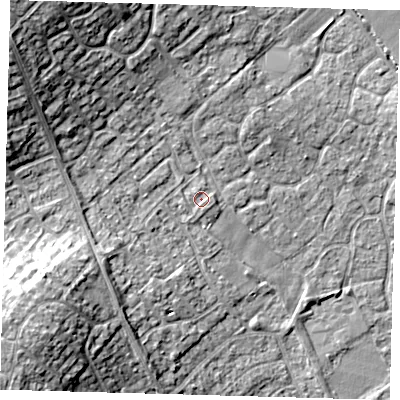 Shaded relief map of the ground around PE273UX, computed from Environment Agency LiDAR. The ground here sits at about 12 m above sea level and falls 16 m across the surrounding 800 m. Surface water reaching this point runs off ground lying to the north-north-west, 1.3 m higher.