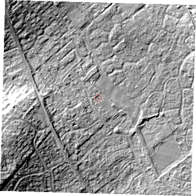 Shaded relief map of the ground around PE273UY, computed from Environment Agency LiDAR. The ground here sits at about 11 m above sea level and falls 15 m across the surrounding 800 m. Surface water reaching this point runs off ground lying to the north, 1.4 m higher.