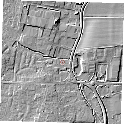 Shaded relief map of the ground around PE273WS, computed from Environment Agency LiDAR. The ground here sits at about 7 m above sea level and falls 7 m across the surrounding 800 m. Surface water reaching this point runs off ground lying to the south-west, 3.5 m higher.