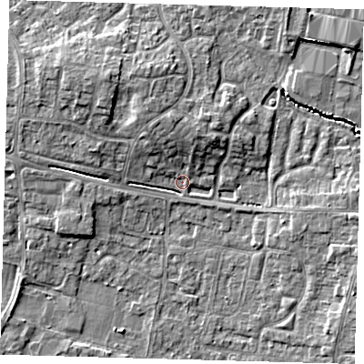 Shaded relief map of the ground around PE273XB, computed from Environment Agency LiDAR. The ground here sits at about 7 m above sea level and falls 6 m across the surrounding 800 m. Surface water reaching this point runs off ground lying to the north-west, 5.8 m higher.