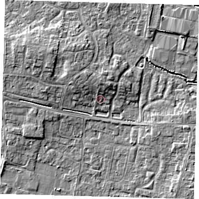 Shaded relief map of the ground around PE273XD, computed from Environment Agency LiDAR. The ground here sits at about 8 m above sea level and falls 6 m across the surrounding 800 m. Surface water reaching this point runs off ground lying to the north-north-west, 3.3 m higher.