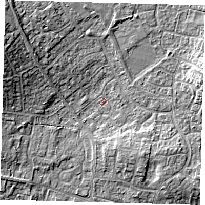 Shaded relief map of the ground around PE273XT, computed from Environment Agency LiDAR. The ground here sits at about 9 m above sea level and falls 11 m across the surrounding 800 m. Surface water reaching this point runs off ground lying to the west-north-west, 10.5 m higher.