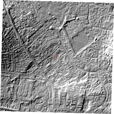 Shaded relief map of the ground around PE273XU, computed from Environment Agency LiDAR. The ground here sits at about 9 m above sea level and falls 12 m across the surrounding 800 m. Surface water reaching this point runs off ground lying to the west-north-west, 4.8 m higher.