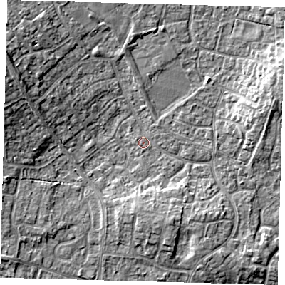 Shaded relief map of the ground around PE273XX, computed from Environment Agency LiDAR. The ground here sits at about 9 m above sea level and falls 9 m across the surrounding 800 m. Surface water reaching this point runs off ground lying to the west-north-west, 8.1 m higher.