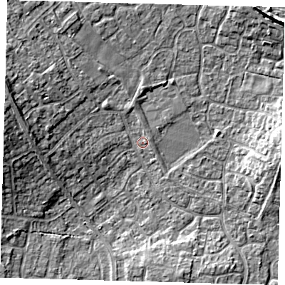 Shaded relief map of the ground around PE273XY, computed from Environment Agency LiDAR. The ground here sits at about 9 m above sea level and falls 9 m across the surrounding 800 m. Surface water reaching this point runs off ground lying to the north-north-west, 1.4 m higher.