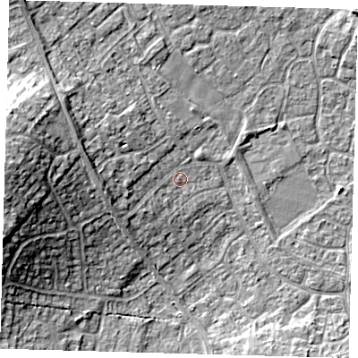 Shaded relief map of the ground around PE273YD, computed from Environment Agency LiDAR. The ground here sits at about 11 m above sea level and falls 15 m across the surrounding 800 m. Surface water reaching this point runs off ground lying to the west-north-west, 6.1 m higher.