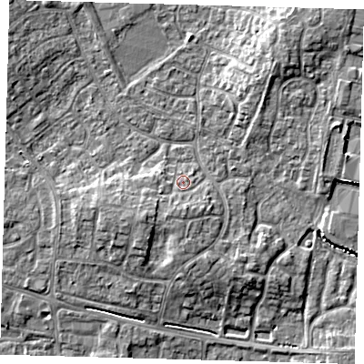 Shaded relief map of the ground around PE273YP, computed from Environment Agency LiDAR. The ground here sits at about 10 m above sea level and falls 7 m across the surrounding 800 m. Surface water reaching this point runs off ground lying to the south-west, 2.8 m higher.