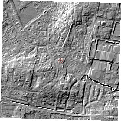 Shaded relief map of the ground around PE273YR, computed from Environment Agency LiDAR. The ground here sits at about 9 m above sea level and falls 7 m across the surrounding 800 m. Surface water reaching this point runs off ground lying to the south-south-west, 2.2 m higher.