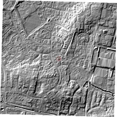 Shaded relief map of the ground around PE273YS, computed from Environment Agency LiDAR. The ground here sits at about 9 m above sea level and falls 7 m across the surrounding 800 m. Surface water reaching this point runs off ground lying to the east-north-east, 0.6 m higher.