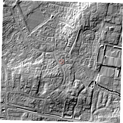 Shaded relief map of the ground around PE273YT, computed from Environment Agency LiDAR. The ground here sits at about 9 m above sea level and falls 7 m across the surrounding 800 m. Surface water reaching this point runs off ground lying to the south, 1.6 m higher.