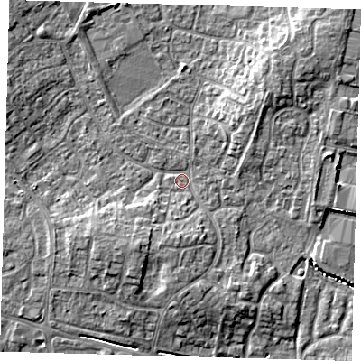 Shaded relief map of the ground around PE273YU, computed from Environment Agency LiDAR. The ground here sits at about 9 m above sea level and falls 7 m across the surrounding 800 m. Surface water reaching this point runs off ground lying to the south-south-west, 3.0 m higher.