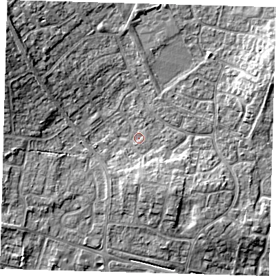 Shaded relief map of the ground around PE273YY, computed from Environment Agency LiDAR. The ground here sits at about 9 m above sea level and falls 10 m across the surrounding 800 m. Surface water reaching this point runs off ground lying to the south, 2.8 m higher.