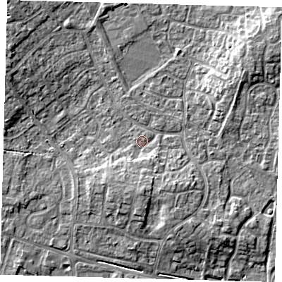 Shaded relief map of the ground around PE273YZ, computed from Environment Agency LiDAR. The ground here sits at about 9 m above sea level and falls 8 m across the surrounding 800 m. Surface water reaching this point runs off ground lying to the south, 3.6 m higher.