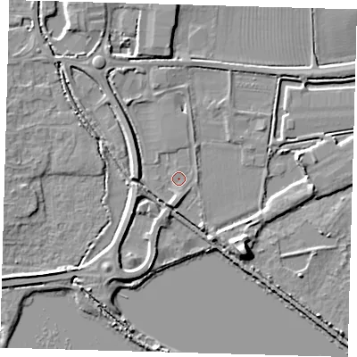Shaded relief map of the ground around PE274AA, computed from Environment Agency LiDAR. The ground here sits at about 6 m above sea level and falls 9 m across the surrounding 800 m. Surface water reaching this point runs off ground lying to the south-east, 5.6 m higher.