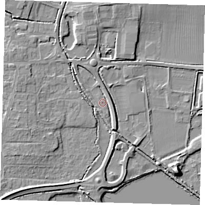 Shaded relief map of the ground around PE274AE, computed from Environment Agency LiDAR. The ground here sits at about 7 m above sea level and falls 9 m across the surrounding 800 m. Surface water reaching this point runs off ground lying to the south-east, 2.9 m higher.