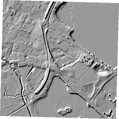 Shaded relief map of the ground around PE274JH, computed from Environment Agency LiDAR. The ground here sits at about 6 m above sea level and falls 7 m across the surrounding 800 m. Surface water reaching this point runs off ground lying to the south-west, 3.1 m higher.