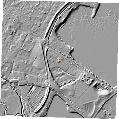 Shaded relief map of the ground around PE274LG, computed from Environment Agency LiDAR. The ground here sits at about 6 m above sea level and falls 6 m across the surrounding 800 m. Surface water reaching this point runs off ground lying to the south, 1.0 m higher.