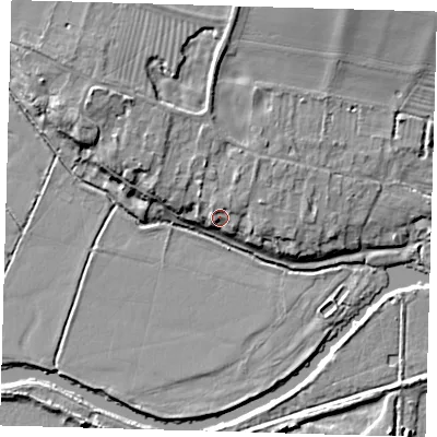 Shaded relief map of the ground around PE274TG, computed from Environment Agency LiDAR. The ground here sits at about 9 m above sea level and falls 11 m across the surrounding 800 m. Surface water reaching this point runs off ground lying to the north-north-west, 3.9 m higher.