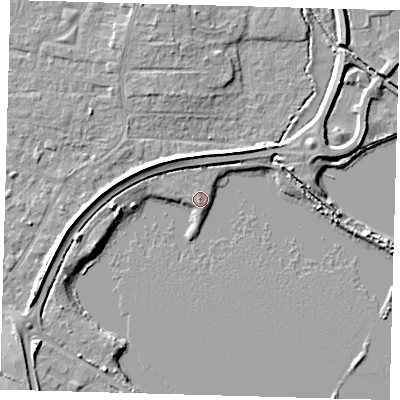 Shaded relief map of the ground around PE274YA, computed from Environment Agency LiDAR. The ground here sits at about 6 m above sea level and falls 5 m across the surrounding 800 m. The ground contributing surface water to this point lies to the south-west.