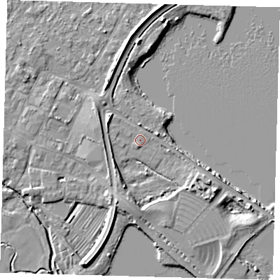 Shaded relief map of the ground around PE274ZB, computed from Environment Agency LiDAR. The ground here sits at about 6 m above sea level and falls 6 m across the surrounding 800 m. Surface water reaching this point runs off ground lying to the south-south-west, 1.0 m higher.