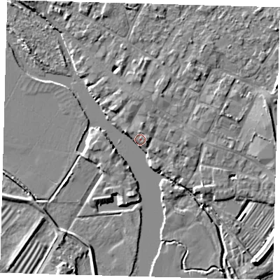 Shaded relief map of the ground around PE275AR, computed from Environment Agency LiDAR. The ground here sits at about 7 m above sea level and falls 5 m across the surrounding 800 m. Surface water reaching this point runs off ground lying to the north, 2.8 m higher.