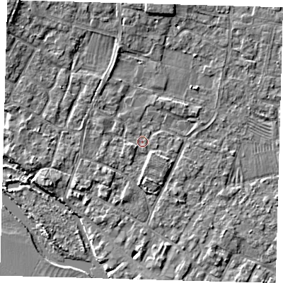 Shaded relief map of the ground around PE275AS, computed from Environment Agency LiDAR. The ground here sits at about 6 m above sea level and falls 5 m across the surrounding 800 m. Surface water reaching this point runs off ground lying to the north-west, 1.4 m higher.