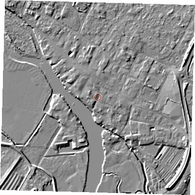 Shaded relief map of the ground around PE275AY, computed from Environment Agency LiDAR. The ground here sits at about 7 m above sea level and falls 5 m across the surrounding 800 m. Surface water reaching this point runs off ground lying to the west-north-west, 1.2 m higher.