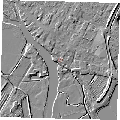 Shaded relief map of the ground around PE275AZ, computed from Environment Agency LiDAR. The ground here sits at about 7 m above sea level and falls 5 m across the surrounding 800 m. Surface water reaching this point runs off ground lying to the north-north-west, 2.2 m higher.