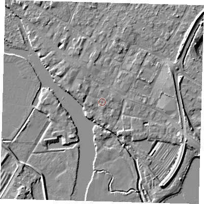 Shaded relief map of the ground around PE275BA, computed from Environment Agency LiDAR. The ground here sits at about 7 m above sea level and falls 6 m across the surrounding 800 m. Surface water reaching this point runs off ground lying to the west-south-west, 0.8 m higher.