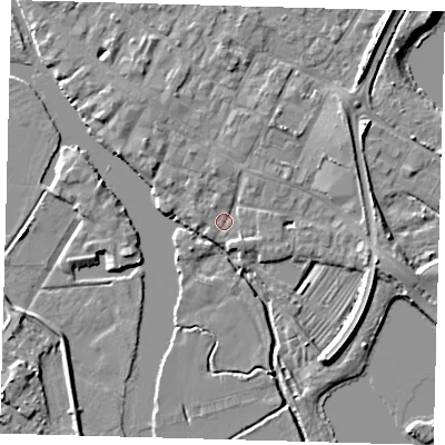 Shaded relief map of the ground around PE275BB, computed from Environment Agency LiDAR. The ground here sits at about 7 m above sea level and falls 6 m across the surrounding 800 m. Surface water reaching this point runs off ground lying to the south-south-east, 1.6 m higher.