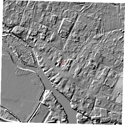 Shaded relief map of the ground around PE275BD, computed from Environment Agency LiDAR. The ground here sits at about 7 m above sea level and falls 4 m across the surrounding 800 m. Surface water reaching this point runs off ground lying to the west-south-west, 1.5 m higher.