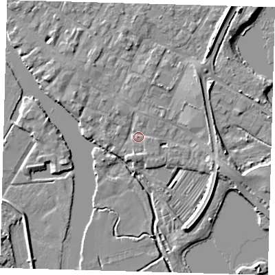 Shaded relief map of the ground around PE275BE, computed from Environment Agency LiDAR. The ground here sits at about 7 m above sea level and falls 6 m across the surrounding 800 m. Surface water reaching this point runs off ground lying to the south-south-west, 1.6 m higher.