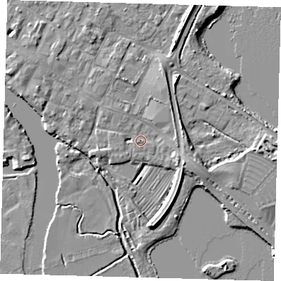 Shaded relief map of the ground around PE275BL, computed from Environment Agency LiDAR. The ground here sits at about 7 m above sea level and falls 6 m across the surrounding 800 m. Surface water reaching this point runs off ground lying to the east-south-east, 2.9 m higher.