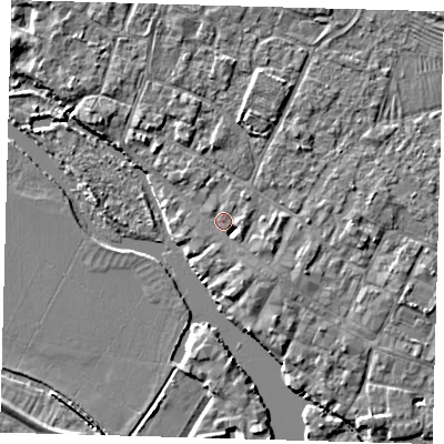 Shaded relief map of the ground around PE275BN, computed from Environment Agency LiDAR. The ground here sits at about 7 m above sea level and falls 4 m across the surrounding 800 m. Surface water reaching this point runs off ground lying to the south-east, 2.3 m higher.