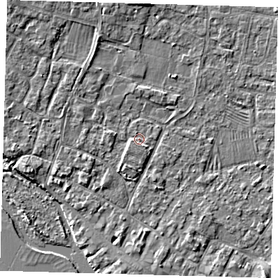 Shaded relief map of the ground around PE275BP, computed from Environment Agency LiDAR. The ground here sits at about 6 m above sea level and falls 4 m across the surrounding 800 m. Surface water reaching this point runs off ground lying to the west-south-west, 1.2 m higher.