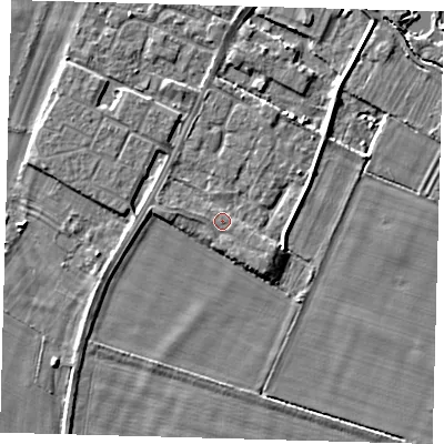 Shaded relief map of the ground around PE275BQ, computed from Environment Agency LiDAR. The ground here sits at about 7 m above sea level and falls 3 m across the surrounding 800 m. Surface water reaching this point runs off ground lying to the east-south-east, 2.3 m higher.