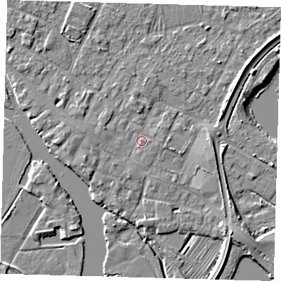 Shaded relief map of the ground around PE275BU, computed from Environment Agency LiDAR. The ground here sits at about 7 m above sea level and falls 5 m across the surrounding 800 m. Surface water reaching this point runs off ground lying to the west-south-west, 1.8 m higher.