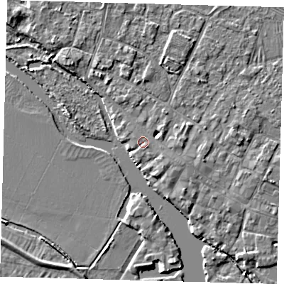 Shaded relief map of the ground around PE275BX, computed from Environment Agency LiDAR. The ground here sits at about 7 m above sea level and falls 4 m across the surrounding 800 m. Surface water reaching this point runs off ground lying to the south-east, 1.3 m higher.